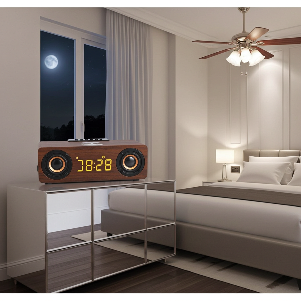 Wooden Retro Theme Wireless Charger Bluetooth Speaker Alarm Clock